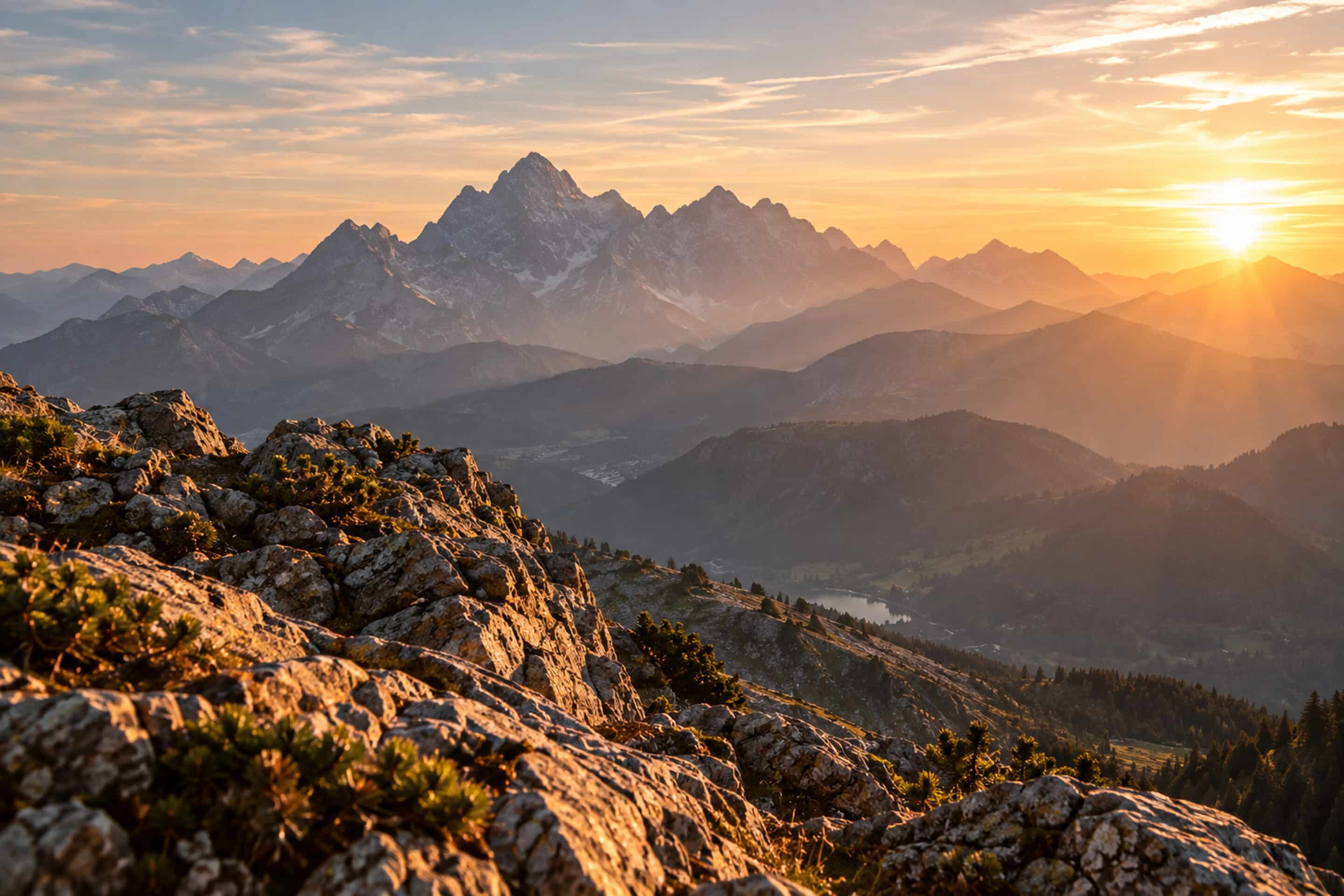 Berglandschap in warm licht als herkenningsbeeld voor Doorvoel Jouw Lichtreis